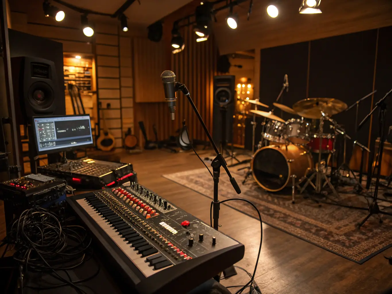 A modern music studio setup with mixing consoles, microphones, and instruments, showcasing the environment for music production services.