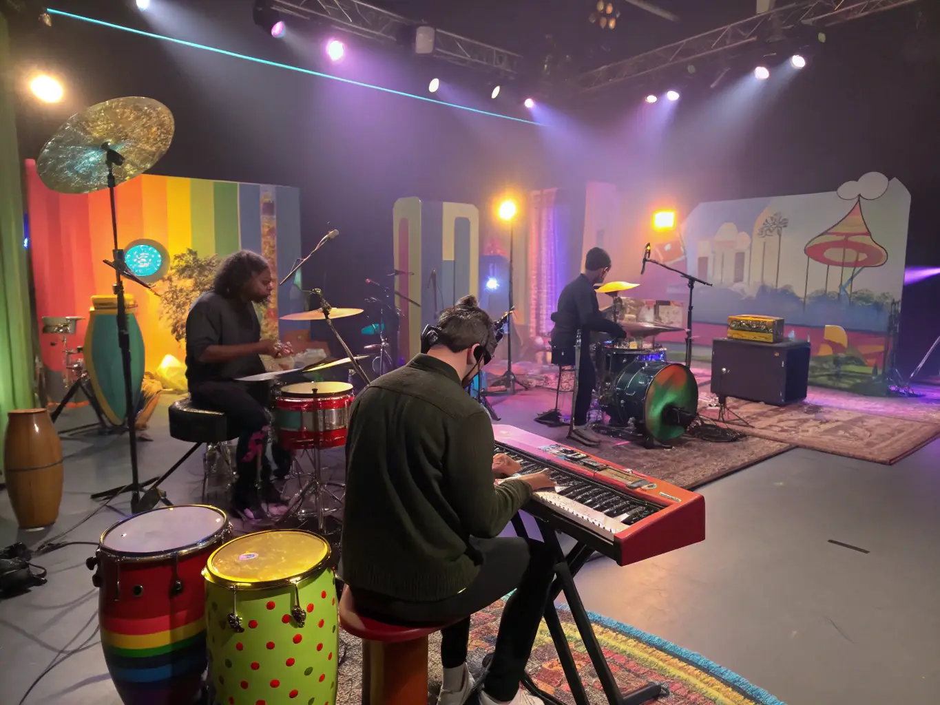 A recording studio with musicians performing and an engineer adjusting sound levels on a mixing console, capturing the energy of a live music session.