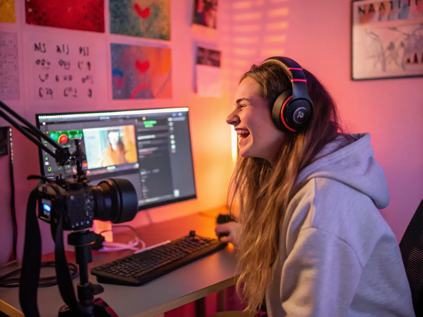 A podcast host speaking into a microphone in a soundproof studio with editing software visible on a screen, creating engaging audio content for a podcast series.