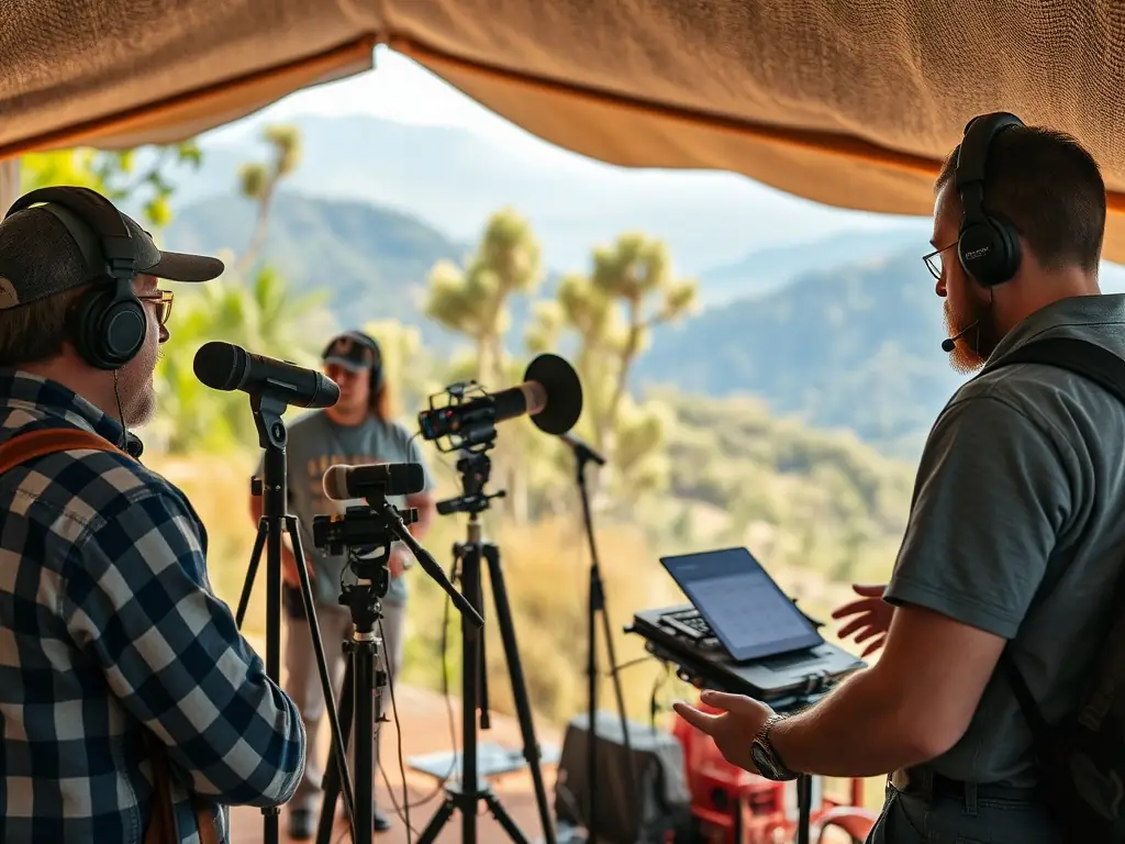 A professional field recording setup with high-quality microphones and recording equipment in a natural outdoor environment, capturing ambient sounds for a documentary.