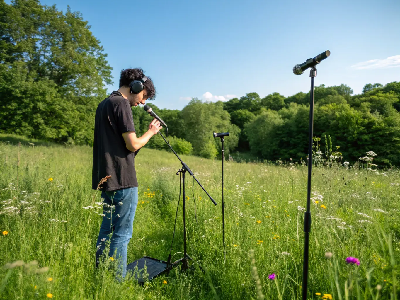 An audio technician with headphones recording ambient sounds in an outdoor setting with professional microphones, capturing high-quality audio for a documentary.