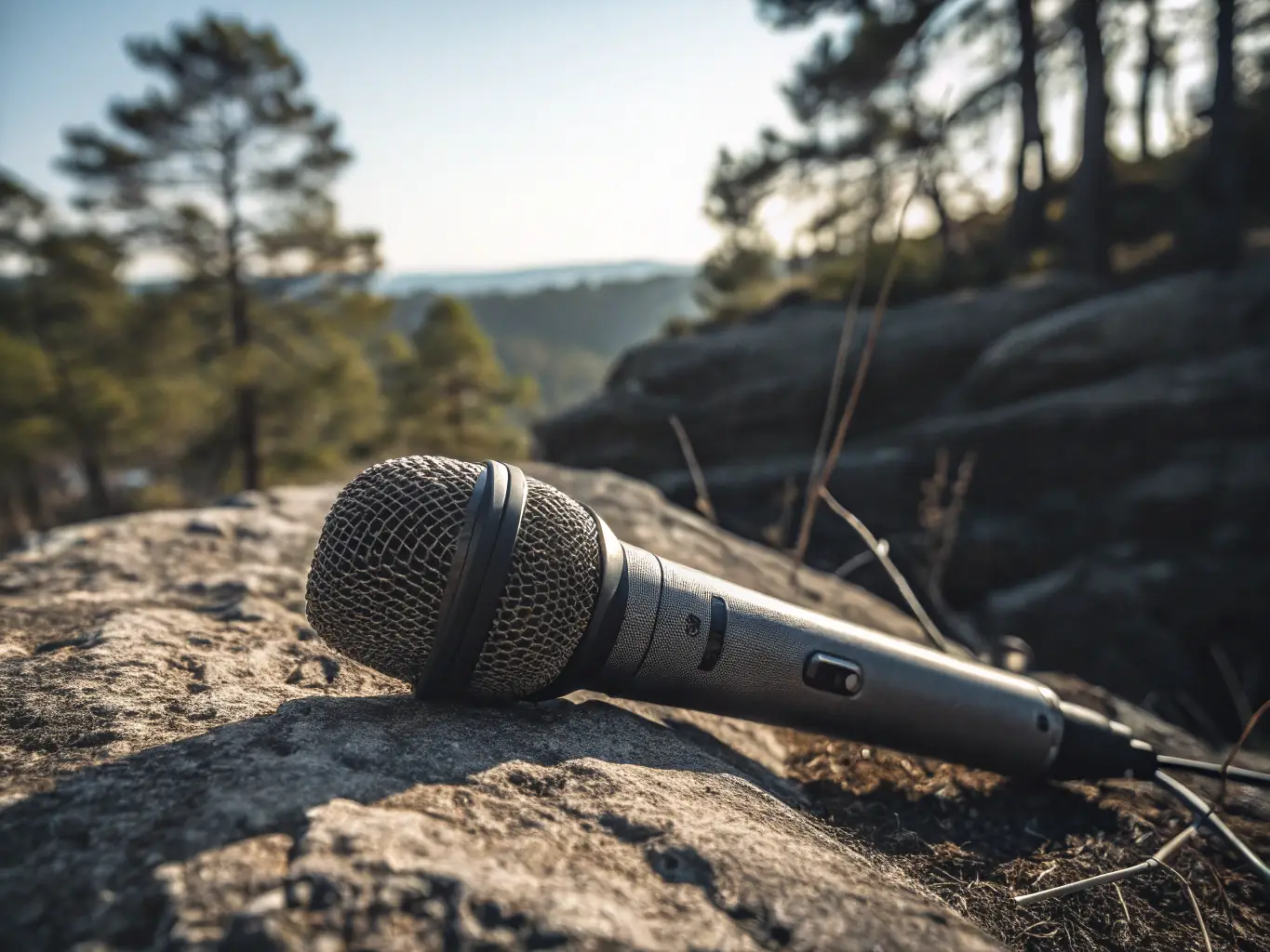 A professional recording setup in a field location, capturing ambient sounds with high-quality microphones and recording equipment.