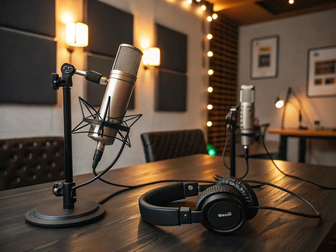 A professional podcasting studio with microphones, headphones, and soundproofing, illustrating the environment for podcast production services.