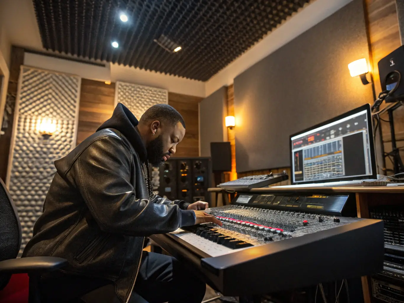 A modern recording studio with an artist performing, showcasing the high-quality equipment and professional environment.